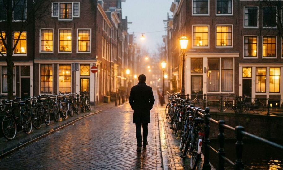 Person walking along an Amsterdam canal on a bright morning